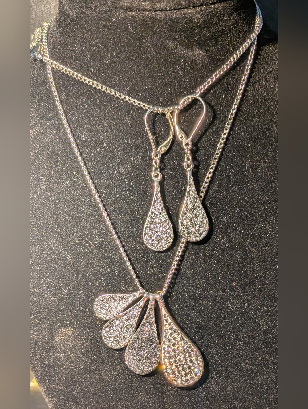 Silver Pave Teardrop Necklace and Matching Earrings - Sparkling Silver Jewelry